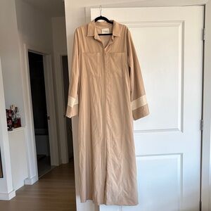 Beige Long Shirt Maxi Dress with Contrast Cuff